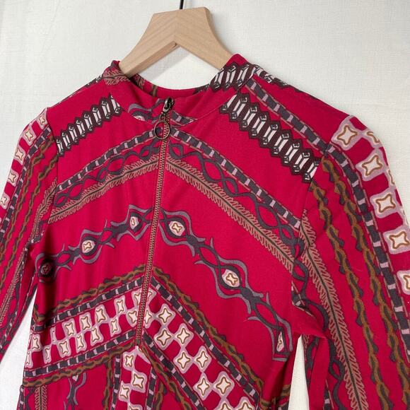 FREE PEOPLE Stella Dress Womens XS Red Bold Print Knit Mini Long Sleeve Boho - Picture 4 of 12